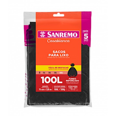 Saco P/ Lixo Reforçado 100l Preto C/ 5 Sacos Sanremo